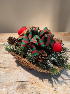 Christmas Decorative Basket With Pinecones Frosted Greenery Red Apples & Tartan